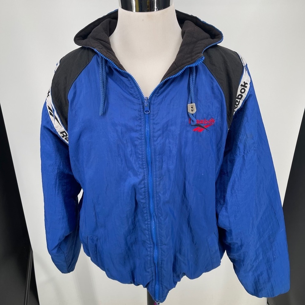Reebok Jacket MENS Fleece Lined Blue Hooded Mock Neck Pockets Full Zip LARGE